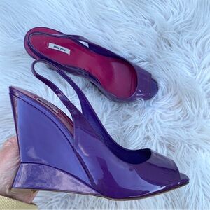 Miu Miu Patent Leather Wedge Pumps Purple Slingback Peep Toe Shoes 39